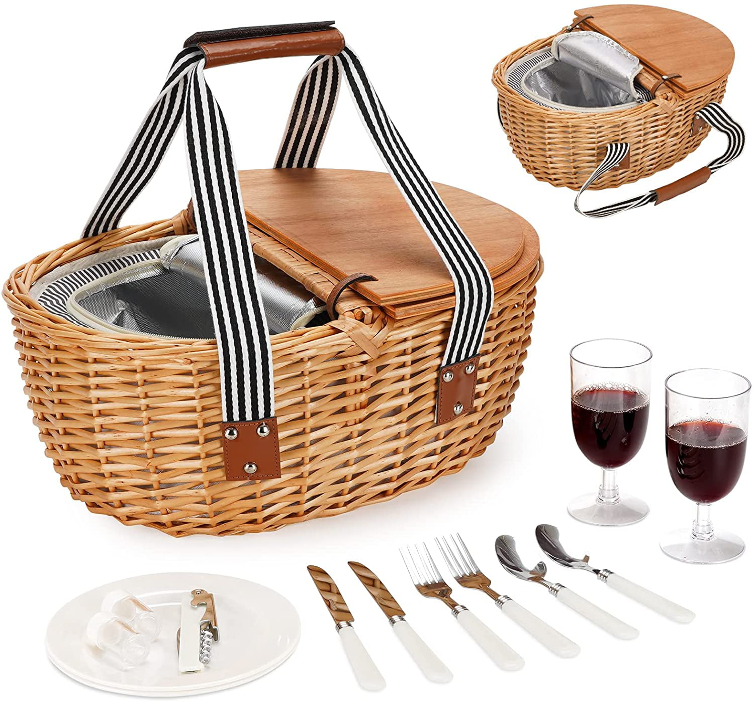 Wicker Picnic Basket for 4 4 Person Picnic Kit Willow Hamper Service Gift Set with Blanket Portable Bamboo Wine Snack Table for Camping and Outdoor Party 