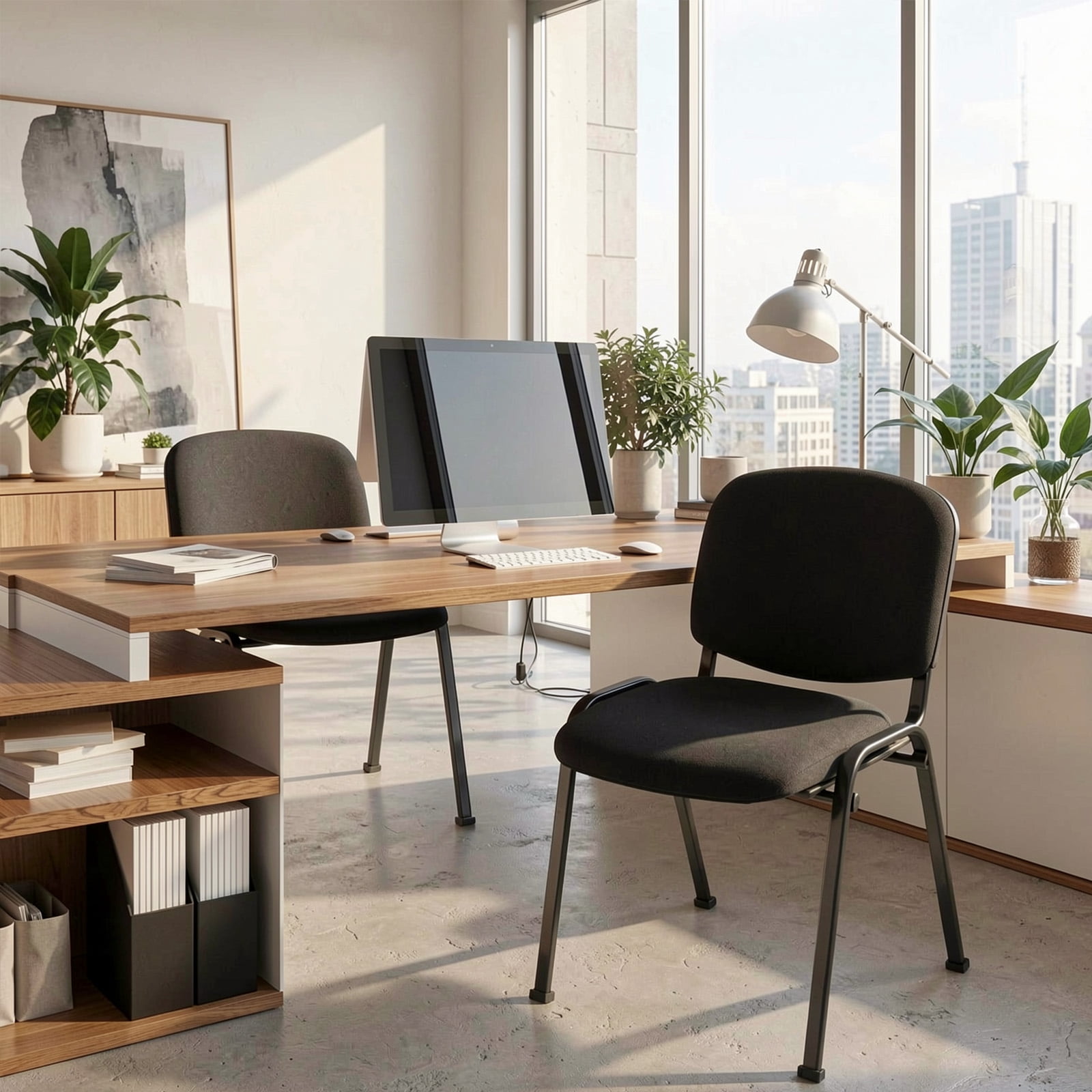 Furnibear Conference Chair Set of 5, Stackable Reception Office Guest Chair with Linen Padded Seat and Metal Frame for Meeting Waiting Room, Black