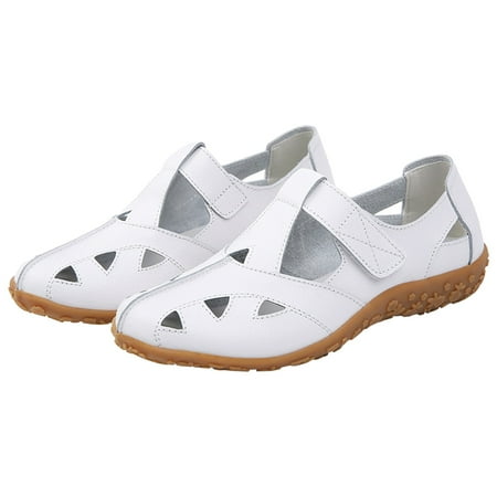 

KIJBLAE Women Hollow Out Loafers Summer Shoes Leather SandalsBreathable Beach Shoes Ladies Comfort Slip-On Flats Sandals White 40