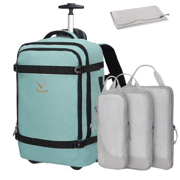 Hynes Eagle 22-inch Rolling Backpack Convertible Carry On Luggage with 4-Piece Packing Cubes, Mint Green & Grey