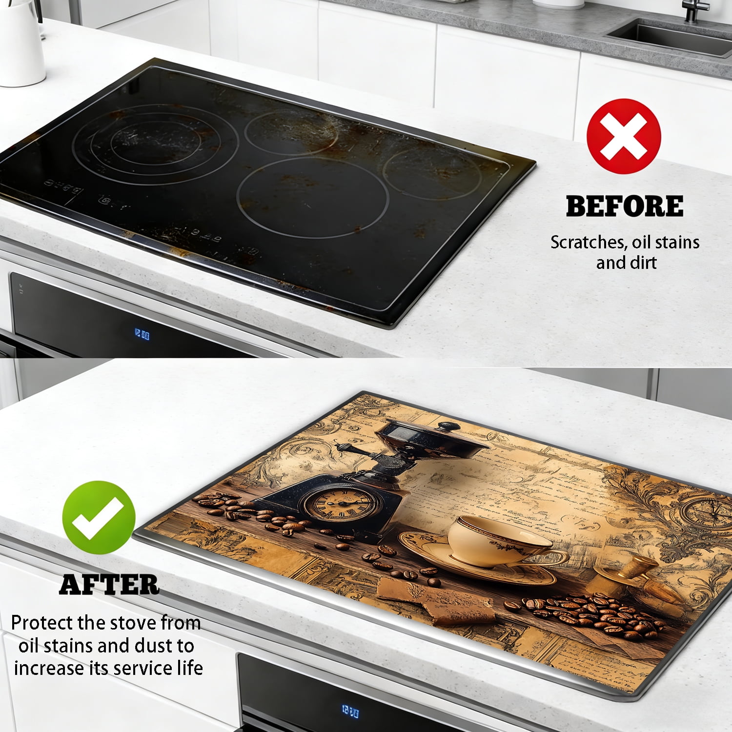 Stove Top Cover for Electric Stove, 28.5" x 20.5" Heat Resistant Glass Cooktop Cover Mat, Multi-Purpose Countertop Protector for Stove & Washer Top, Vintage Coffee Theme