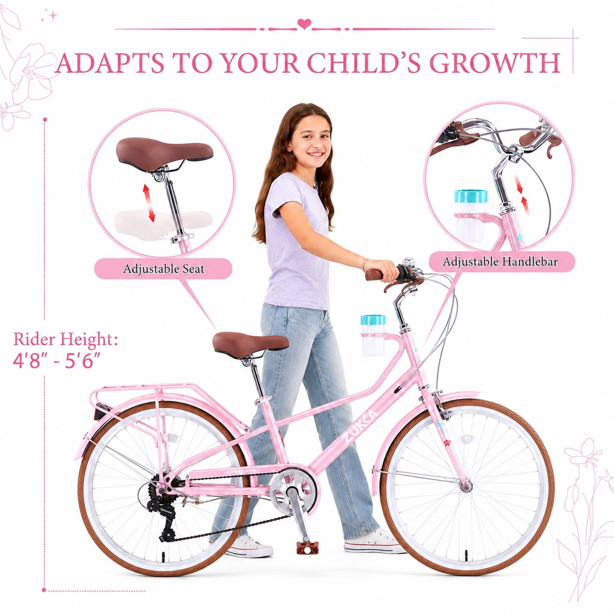 Aukfa 24 Inch Women's Cruiser Bike, 6-Speed Step-Through Commuter Bicycle with Cup Holder & Rear Rack,Pink
