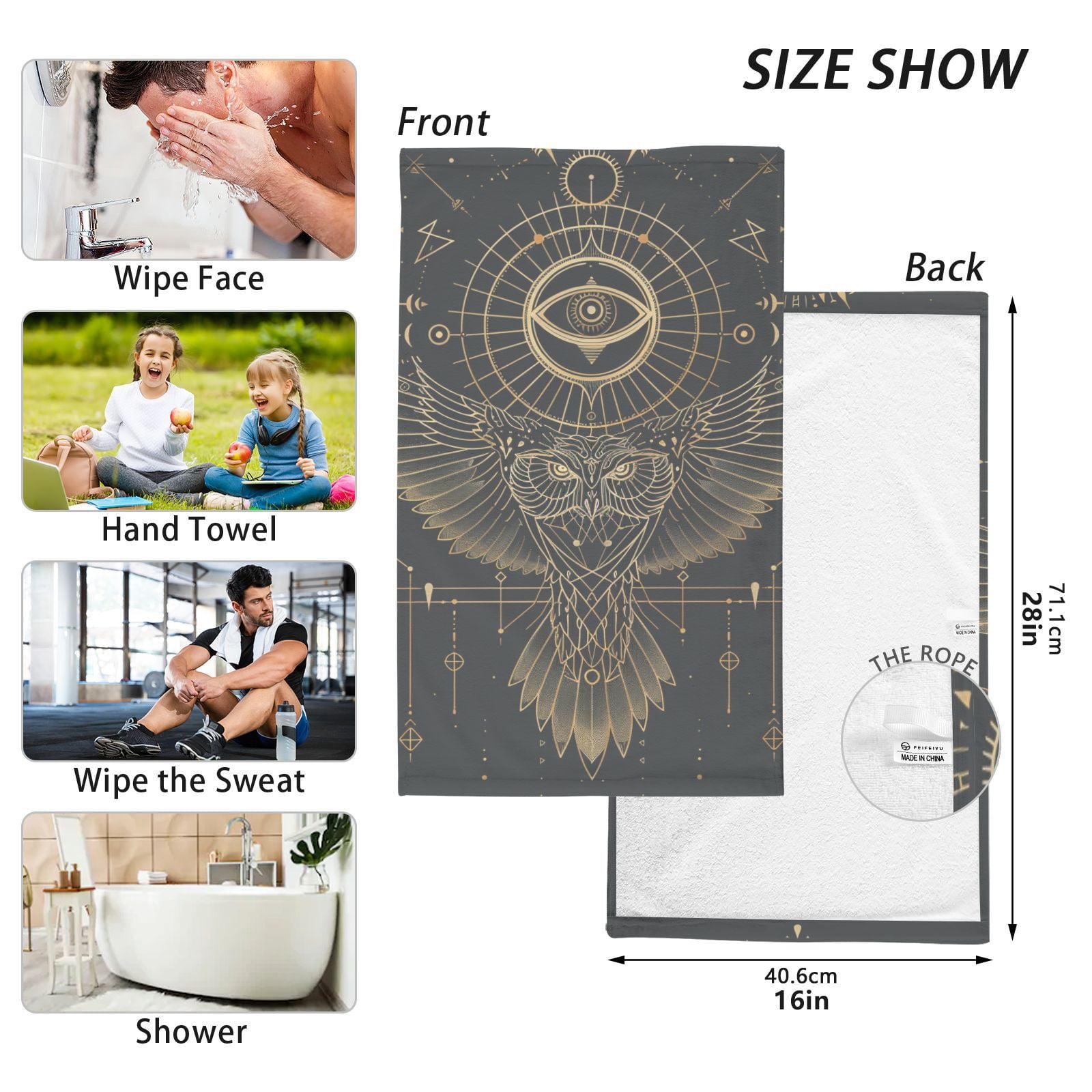 Owl Wings Spread Hand Towels Cotton Bath Towels Large Face Towels Absorbent for Bathroom 2 Packs
