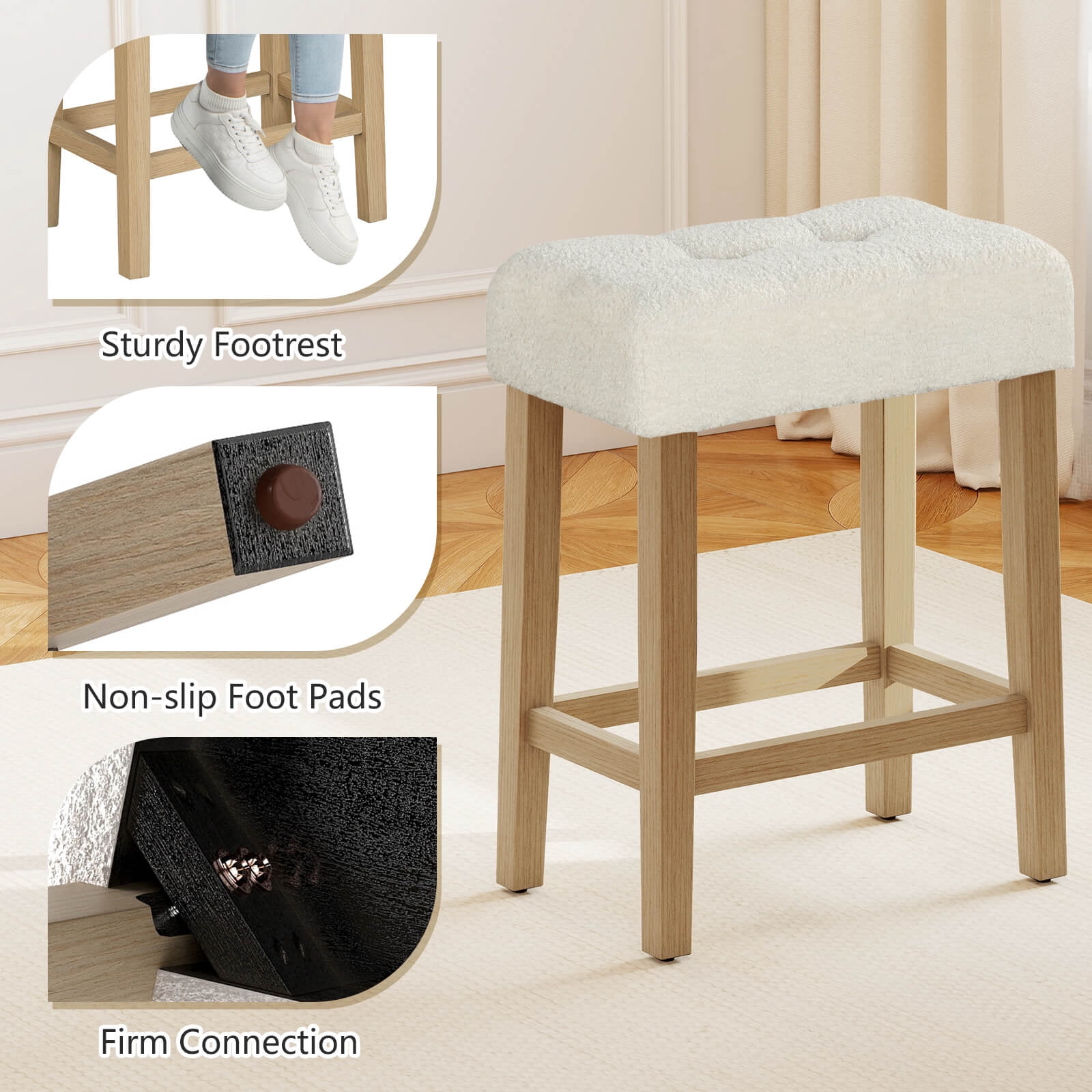 Costway Counter Height Bar Stools Set of 2 with Rubber Wood Legs Footrest Modern for Home Beige