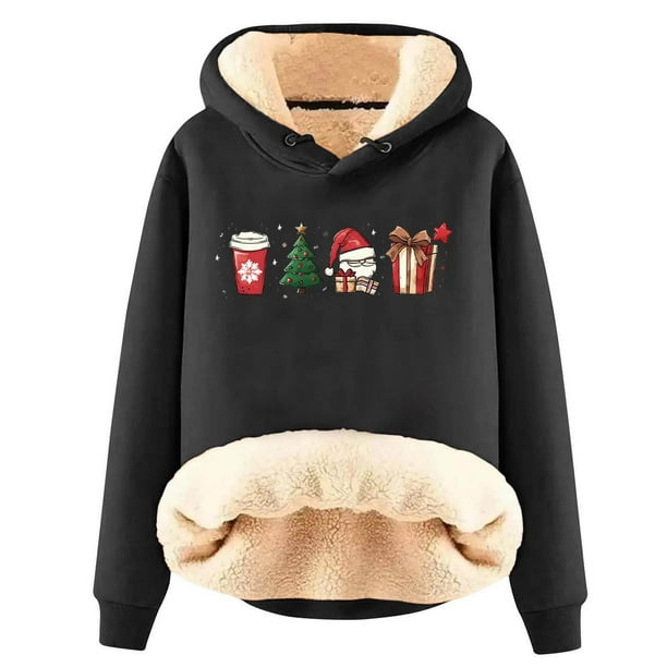 Chaquetas y abrigos casuales con capucha de manga larga para mujer, jersey con capucha de manga larga, top con estampado navideño, abrigo casual, top de poliéster para mujer