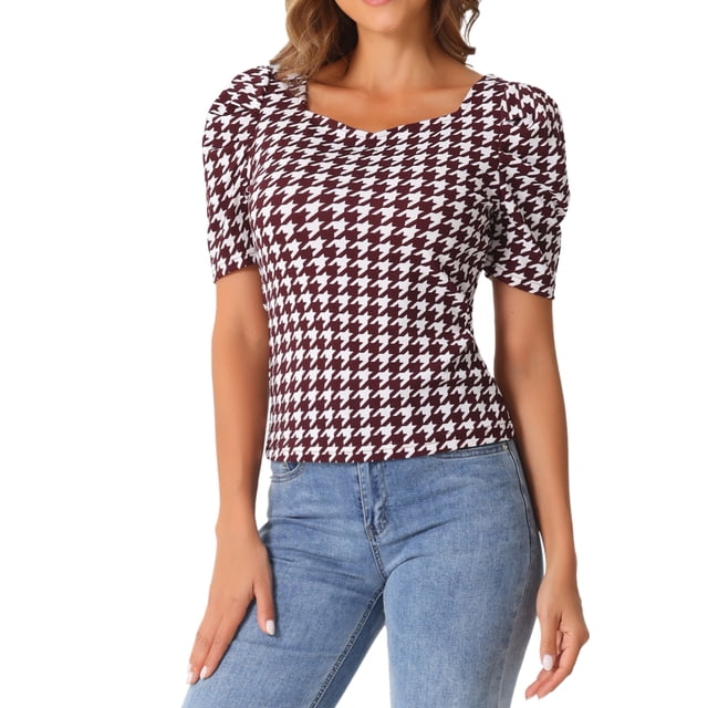 Blusa de trabajo de Houndstooth de INSPIRE CHIC para mujeres, manga corta, escote cuadrado, blusas casuales, color burdeos L