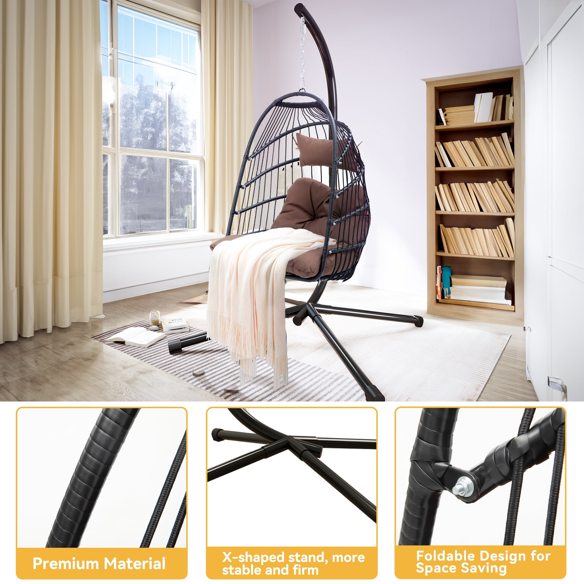 Dextrus Hanging Egg Swing Chair Outdoor Wicker Hammock Chairs Indoor with Steel Stand UV Resistant Cushion 350lbs for Patio, Bedroom, Garden and Balcony, Brown