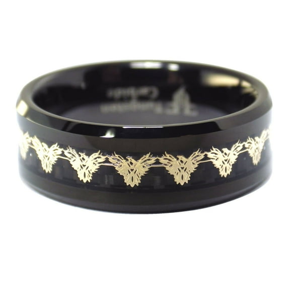 Gold Firebird Phoenix Black Tungsten Ring with Black Carbon Fiber