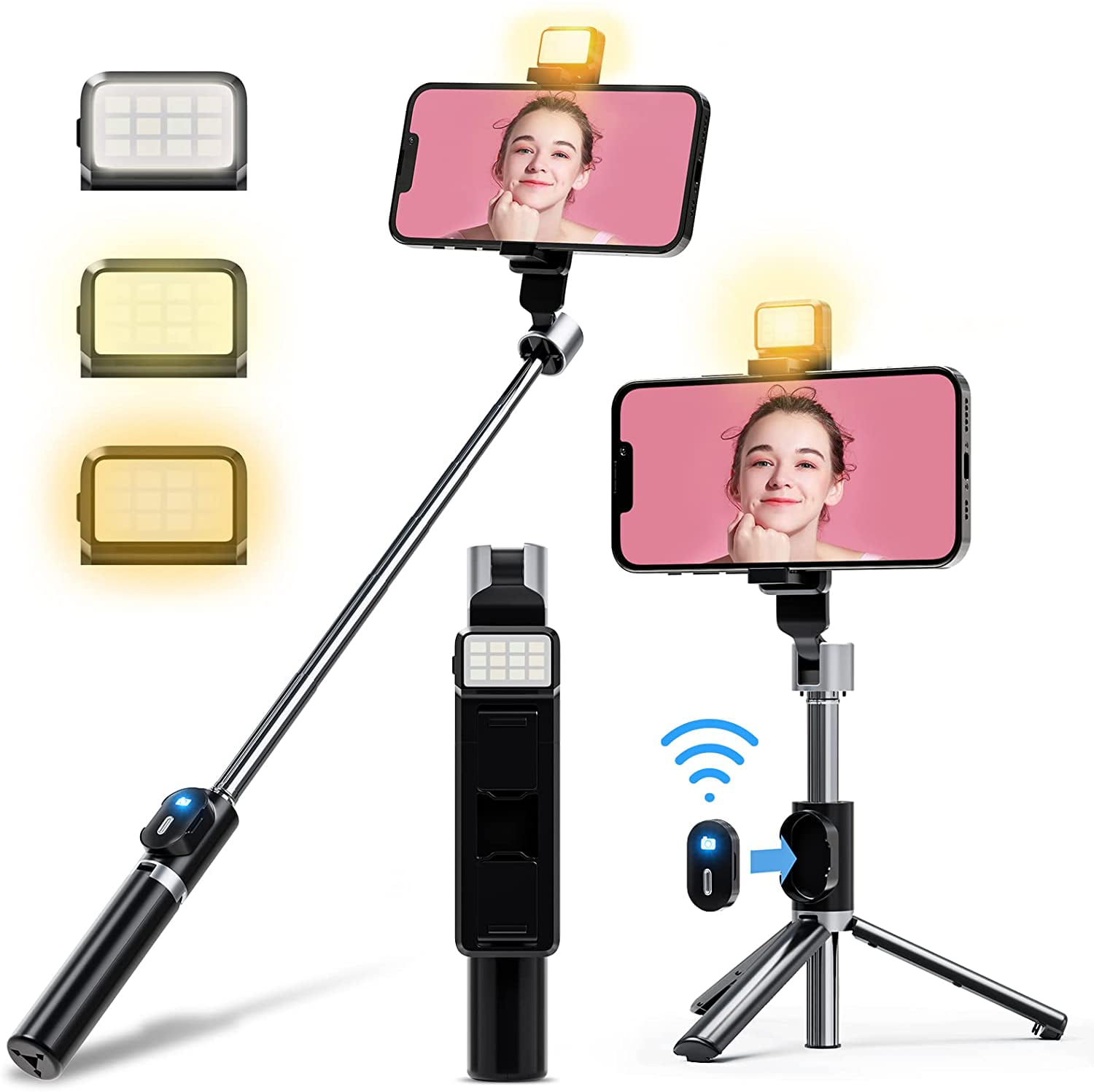 Selfie Stick Tripod with Bluetooth Wireless Remote and Tripod Stand,with Fill Light,Compatible with iOS and Android Smartphone Pink 