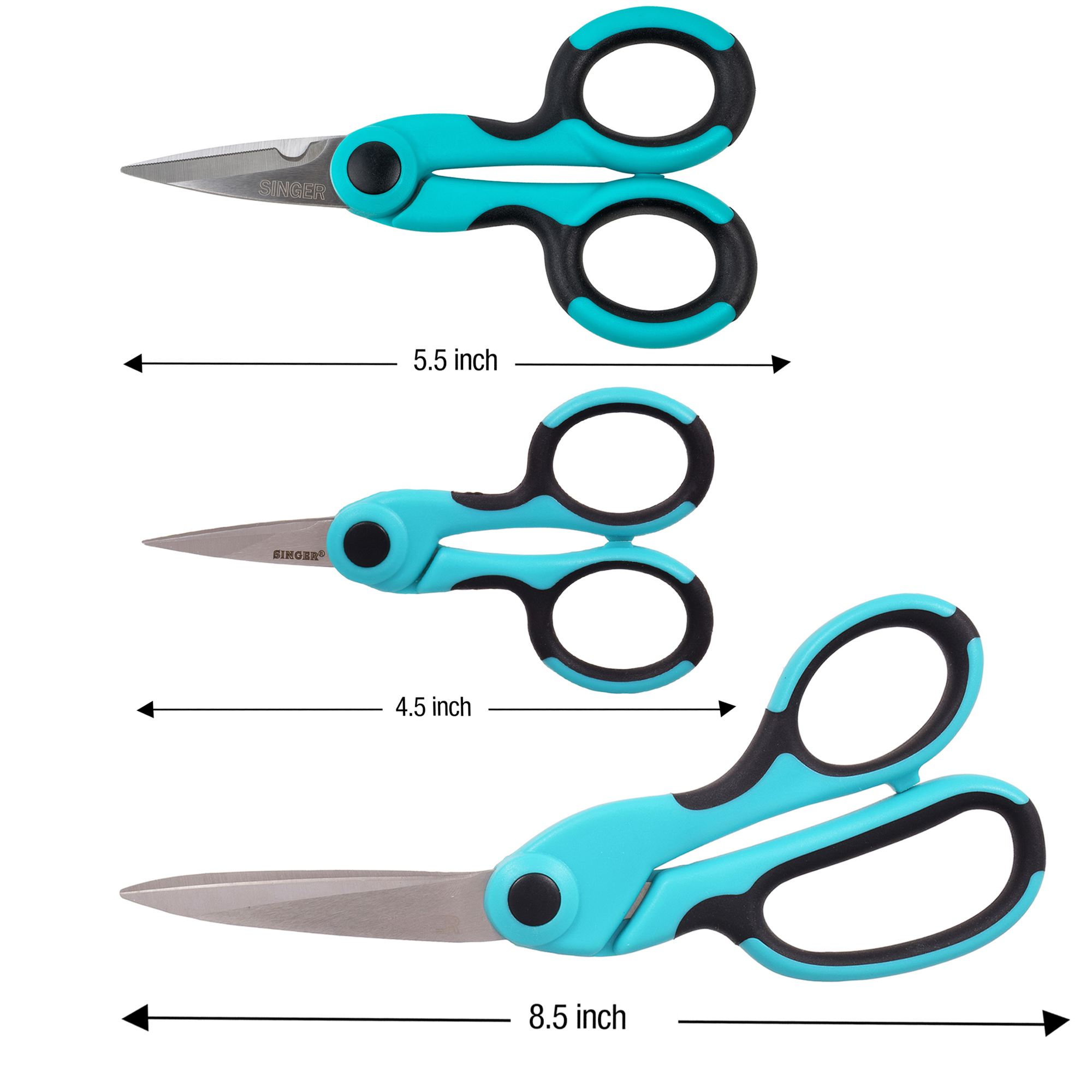 SINGER ProSeries Scissor Set, Heavy Duty Bent 8 1/2" Fabric Scissors, All Purpose 5 1/2" Craft Scissors, 4 1/2" Detail Scissors, Teal, Pack of 3 - image 4 of 19