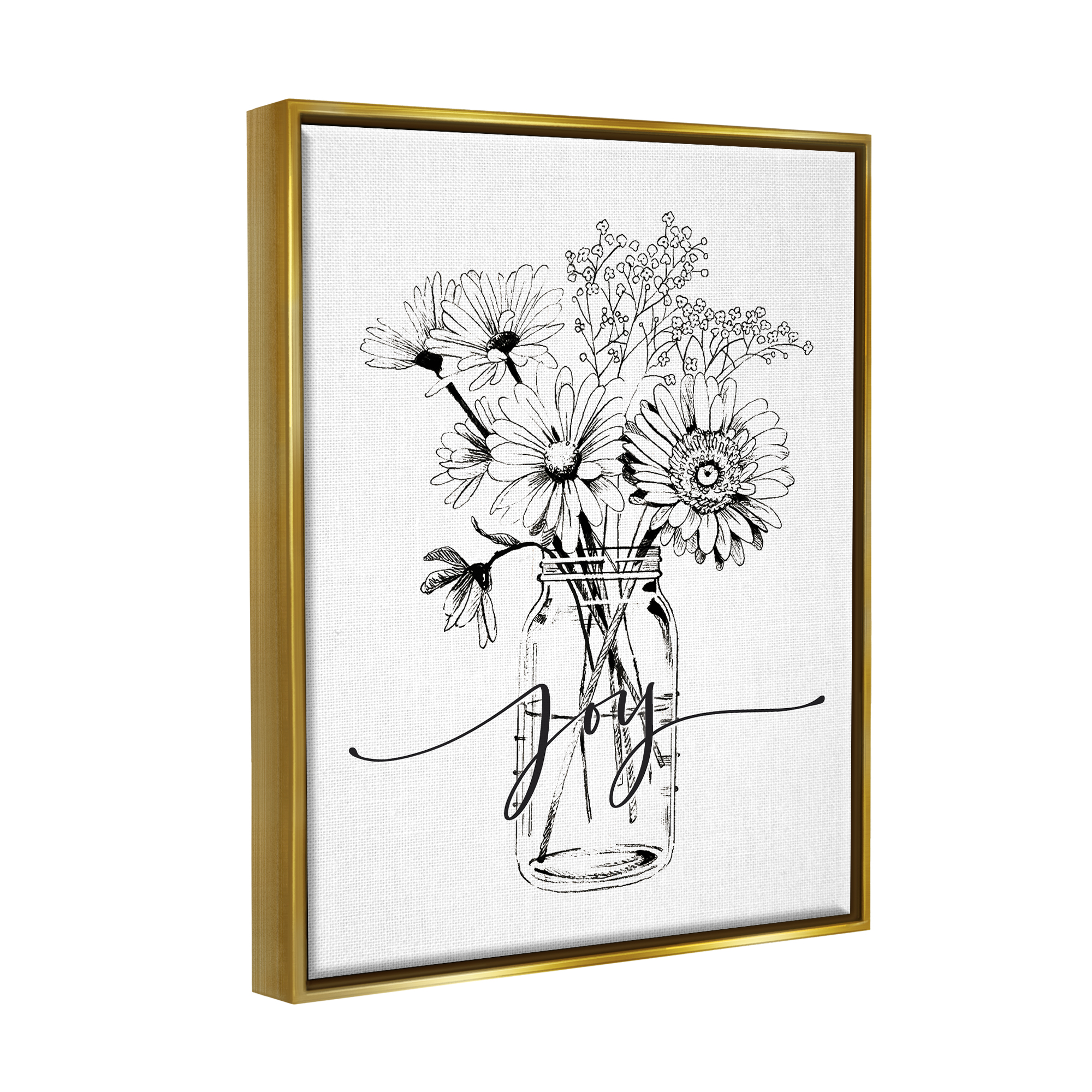 Stupell Industries Joy Text Daisies Bouquet Detailed Line Design Graphic Art Metallic Gold Floating Framed Canvas Print Wall Art, Design by Lettered and Lined