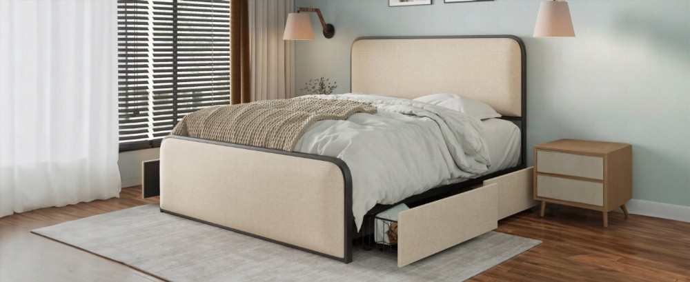 King Size metal bed frame with storage drawers and curved upholstered headboard, beige for master bedroom.