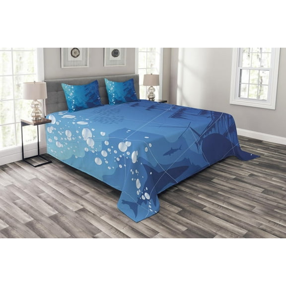 Ambesonne Underwater Quilted Bedspread Set 3 Pcs, Sharks Ship Compass, King Size, Blue White