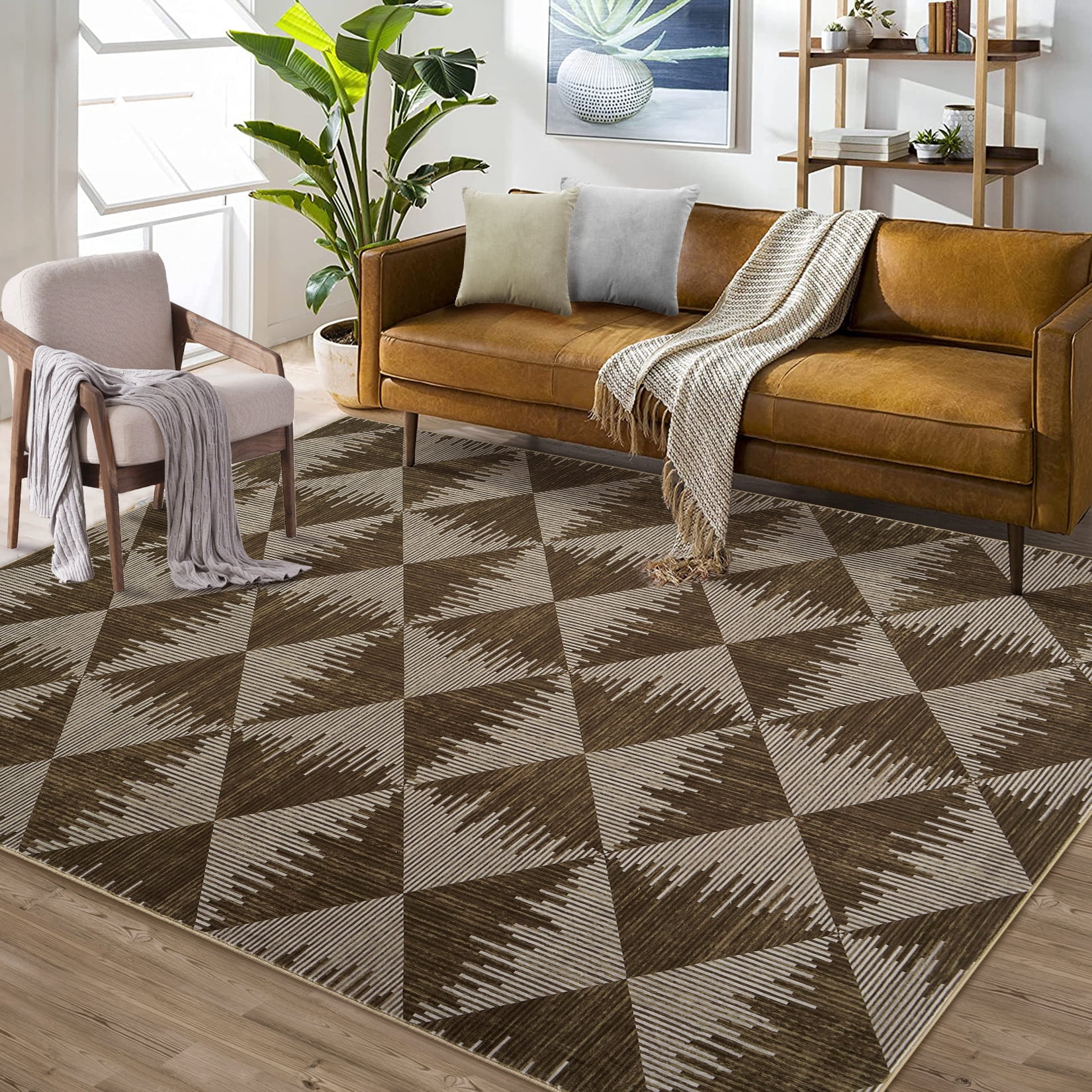 8x10 Washable Area Rugs for Living Room Non Slip Low Pile Modern Geometric Farmhouse Dining Room Carpets for Bedroom Dorm Brown