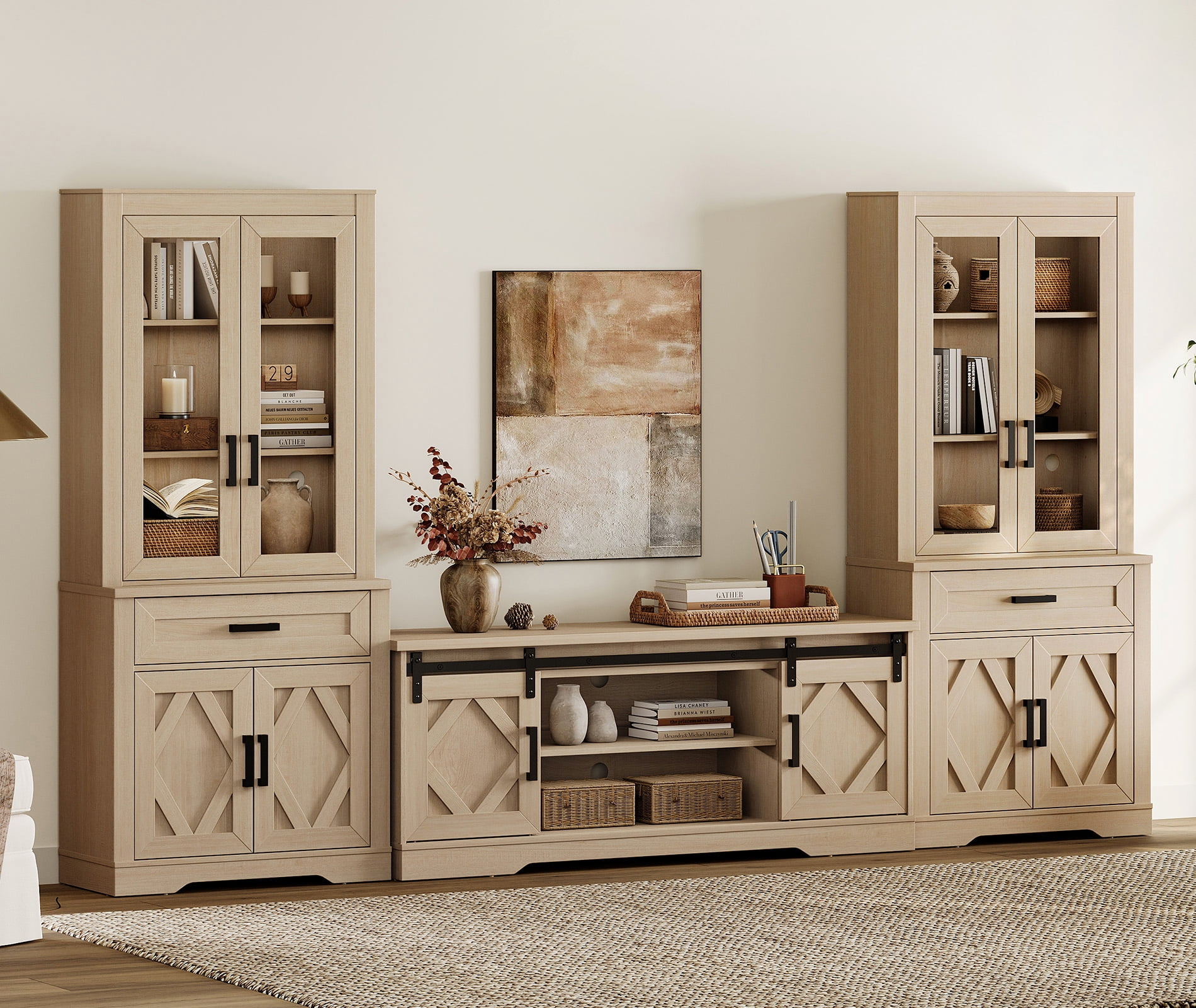 WAMPAT Farmhouse Entertainment Center with Bookshelf for TVs up to 65",Mid Century Modern TV Stand with 73"H Tall 5-Tier Bookcase with Open Storage and Barn Doors for Living Room,Beige