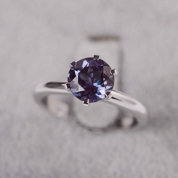Alexandrite ring round cut June birthstone white gold solitaire engagement ring