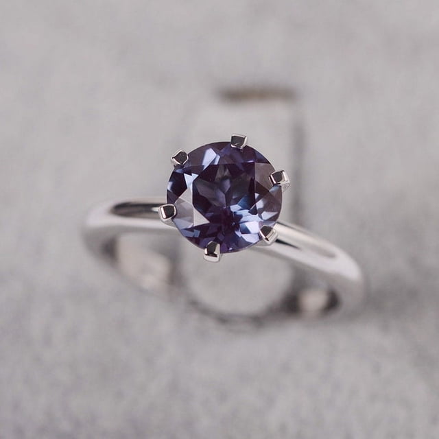 Alexandrite ring round cut June birthstone white gold solitaire engagement ring