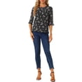 thumbnail image 2 of INSPIRE CHIC Women's Tops 3/4 Sleeves Ruffle Hem Floral Chiffon Shirt Blouses S Black-1, 2 of 7