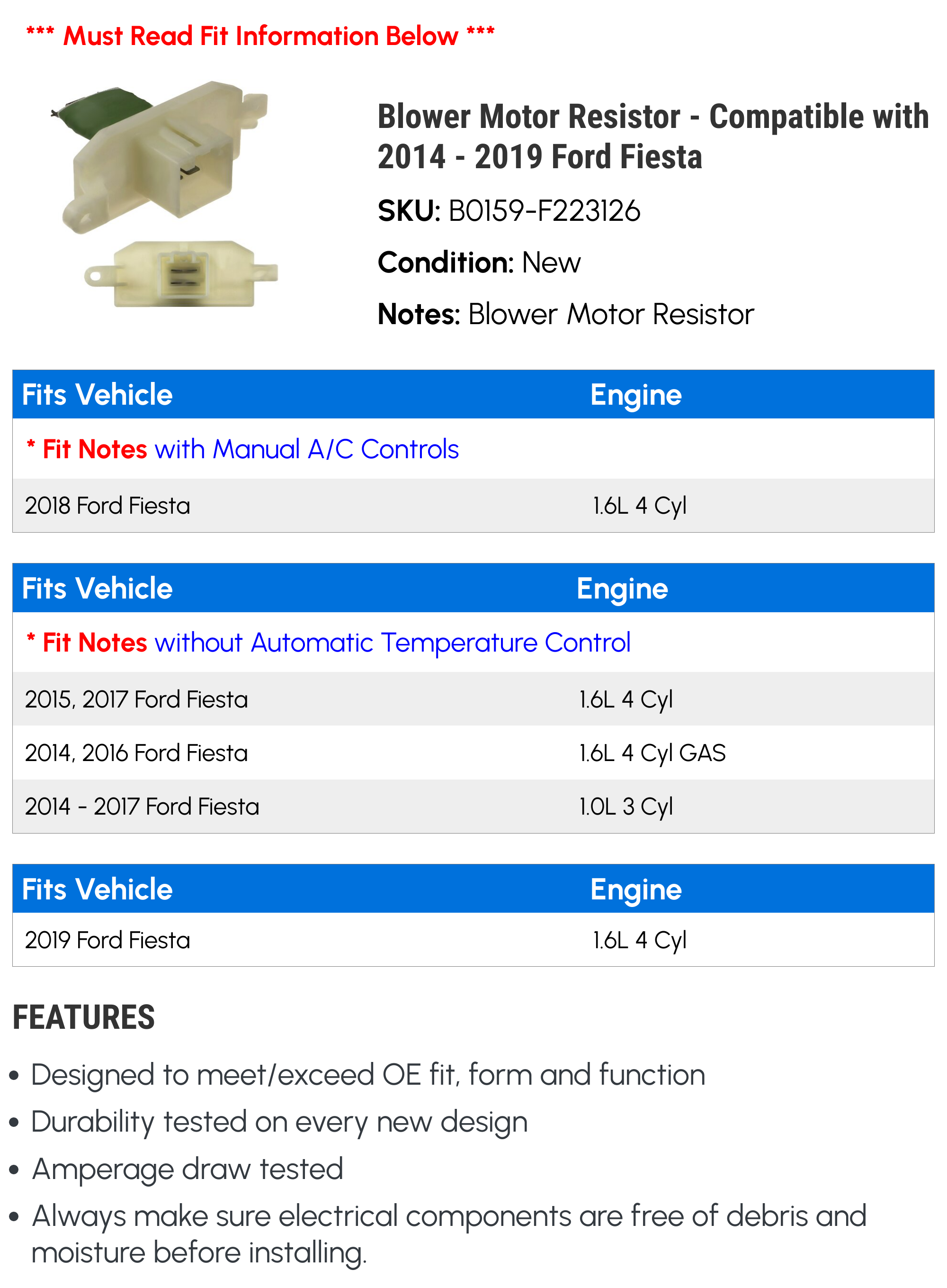 Blower Motor Resistor - Compatible with 2014 - 2019 Ford Fiesta 2015 2016 2017 2018