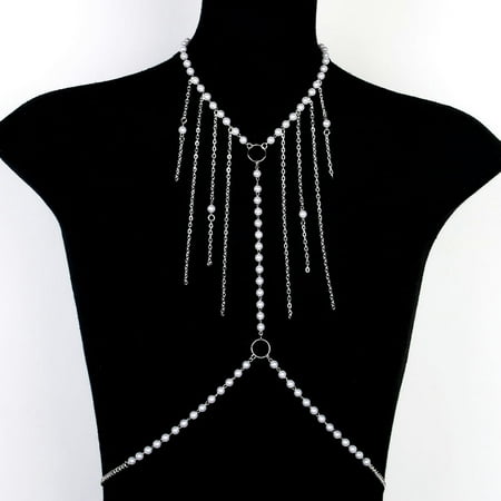 MATROOY Pearl Body Chain Bra Necklace Harness Women Belly Back Chain Beach Jewelry Biki-silver