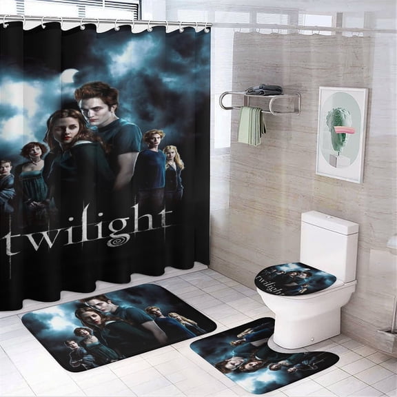 The Twilight Saga 4 Piece Shower Curtain Set with Non-Slip Rugs, Toilet Lid Cover and Bath Mat, Funny Bathroom Curtains Decor Set with Rugs and 12 Hooks, 72" x 72"