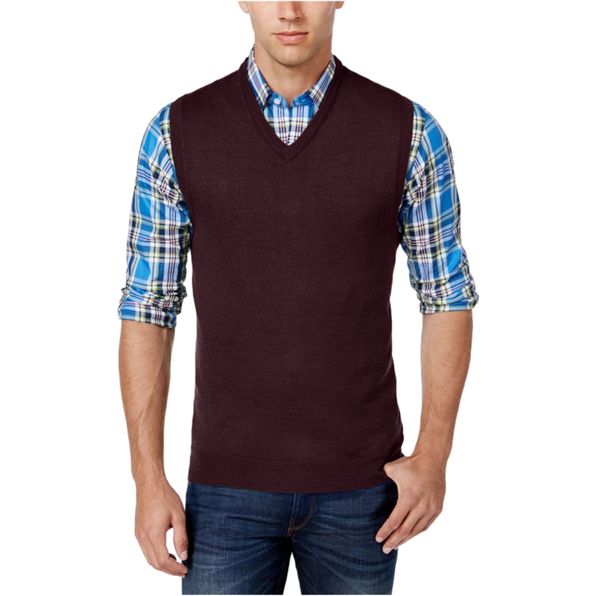 Club Room Club Room Mens Knit V Neck Sweater Vest, Red, Small