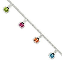 925 Sterling Silver Dangle Polished Lobster Claw Closure Silver Enamel Ladybug Bracelet 6 Inch 8mm Wide Link Bracelet