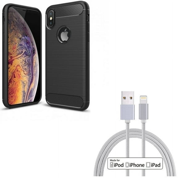 MFi USB Cable w Case for iPhone XS/X - 6ft Certified Charger Cord Power Wire, Carbon Fiber Slim Fit Cover Reinforced Bumper Shock Absorbent for iPhone XS/X