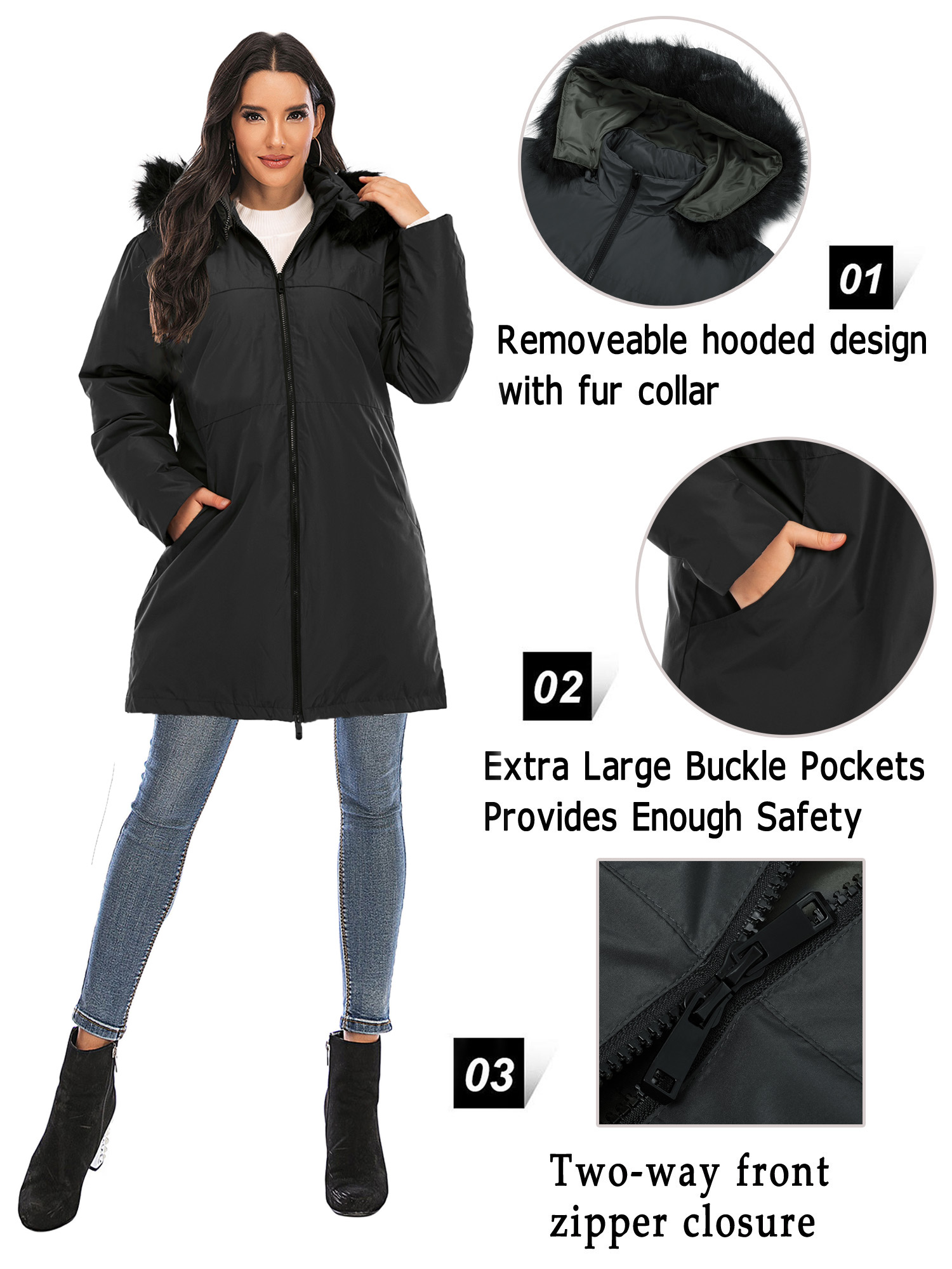 LELINTA Women's Plus Size Winter Warm Zipper Hoodie Long Jacket Waterproof Jacket Hooded Lightweight Raincoat Active Outdoor Trench Coat - image 2 of 7
