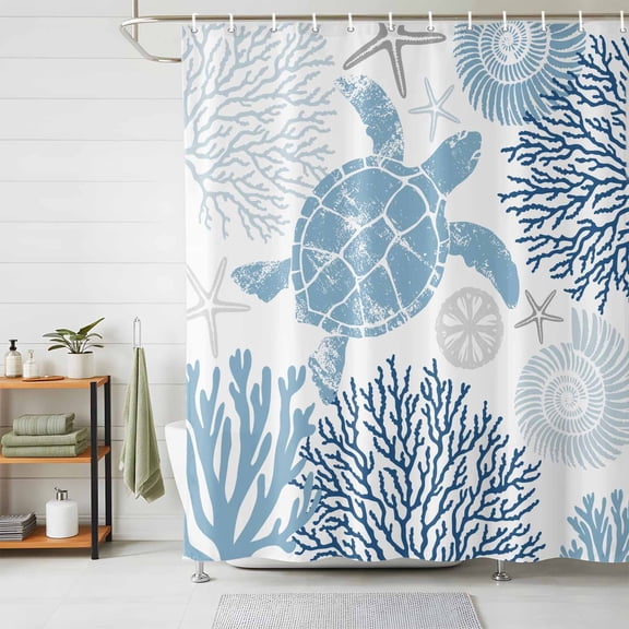 Shower Curtains for Bathroom, Navy Blue Coastal Turtle Waterproof Fabric Shower Curtain, Ocean Coral Nautical Decorative Bathroom Curtain for Bathtub, 72"x72", No Hooks Included