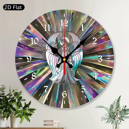 Round Wall Clock, Angel Stained-Glass Look, Decorative Wooden MDF Home Decor