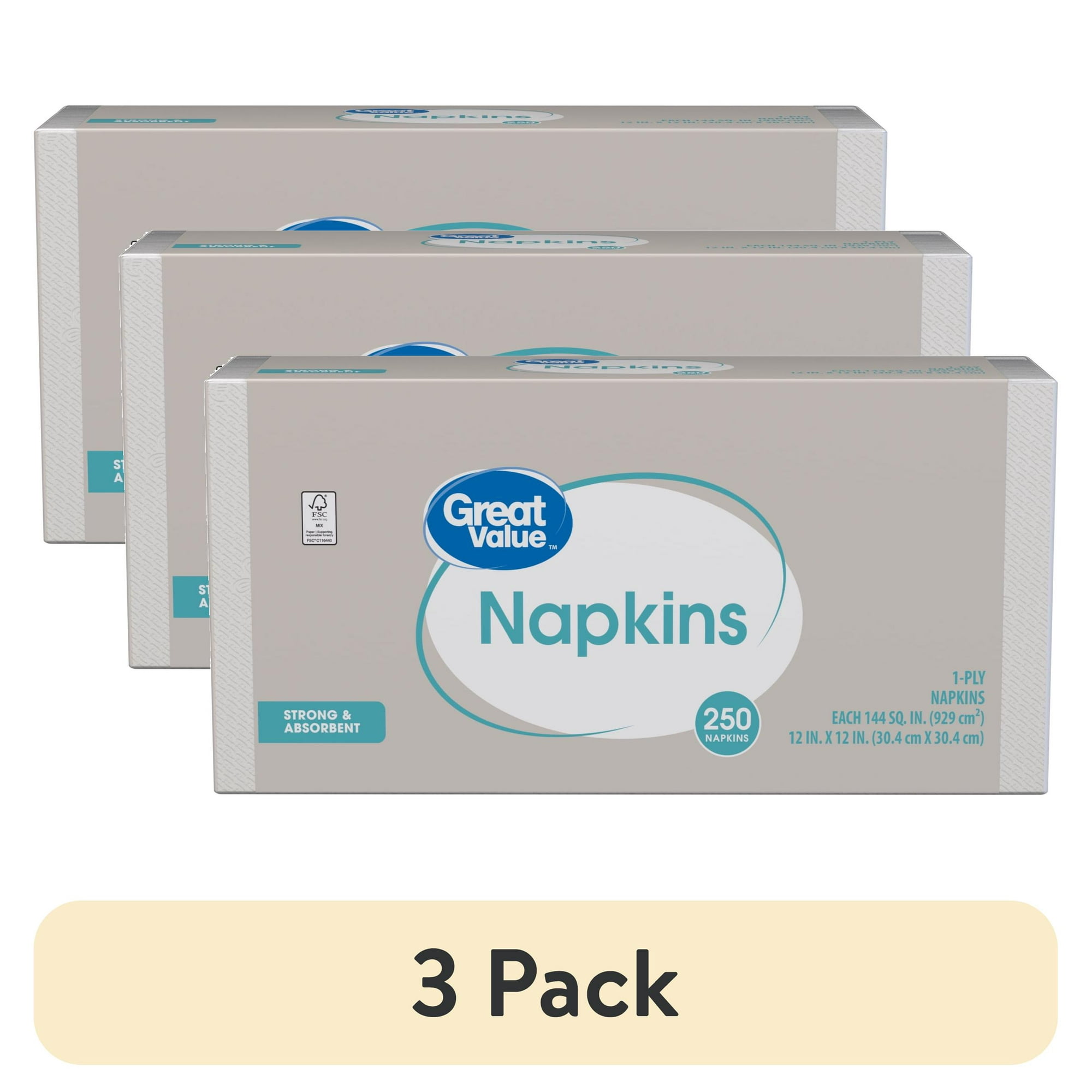 (3 pack) Great Value Disposable Paper Napkins, White, 12 in x 12 in, 250 Count