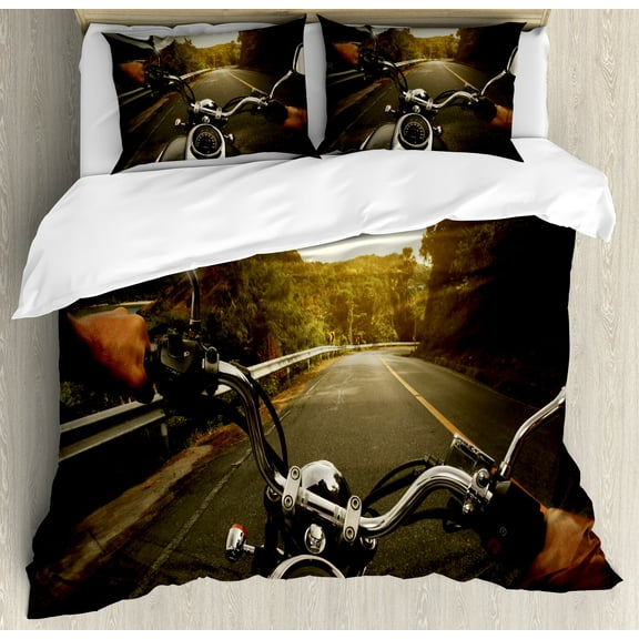 Adventure Duvet Cover Set, Rider Driving a Chopper on Asphalt Road Within Forest Journey Photography, Decorative 3 Piece Bedding Set with 2 Pillow Shams, Queen Size, Forest Green Grey, by Ambesonne