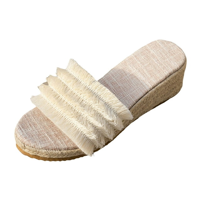 DAFEI Tassel Trim Sandals with Woven Straps Platform Wedge Heel Rope Sole Boho Toe Ring Slip On Sandals for Summer