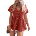 thumbnail image 1 of Blusa de manga corta con cuello en V para mujer, blusa holgada de color puro con botones y dobladillo con volantes para fiesta, color burdeos S, 1 of 5