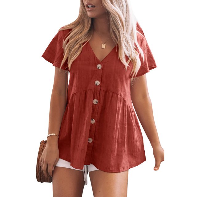Blusa de manga corta con cuello en V para mujer, blusa holgada de color puro con botones y dobladillo con volantes para fiesta, color burdeos S