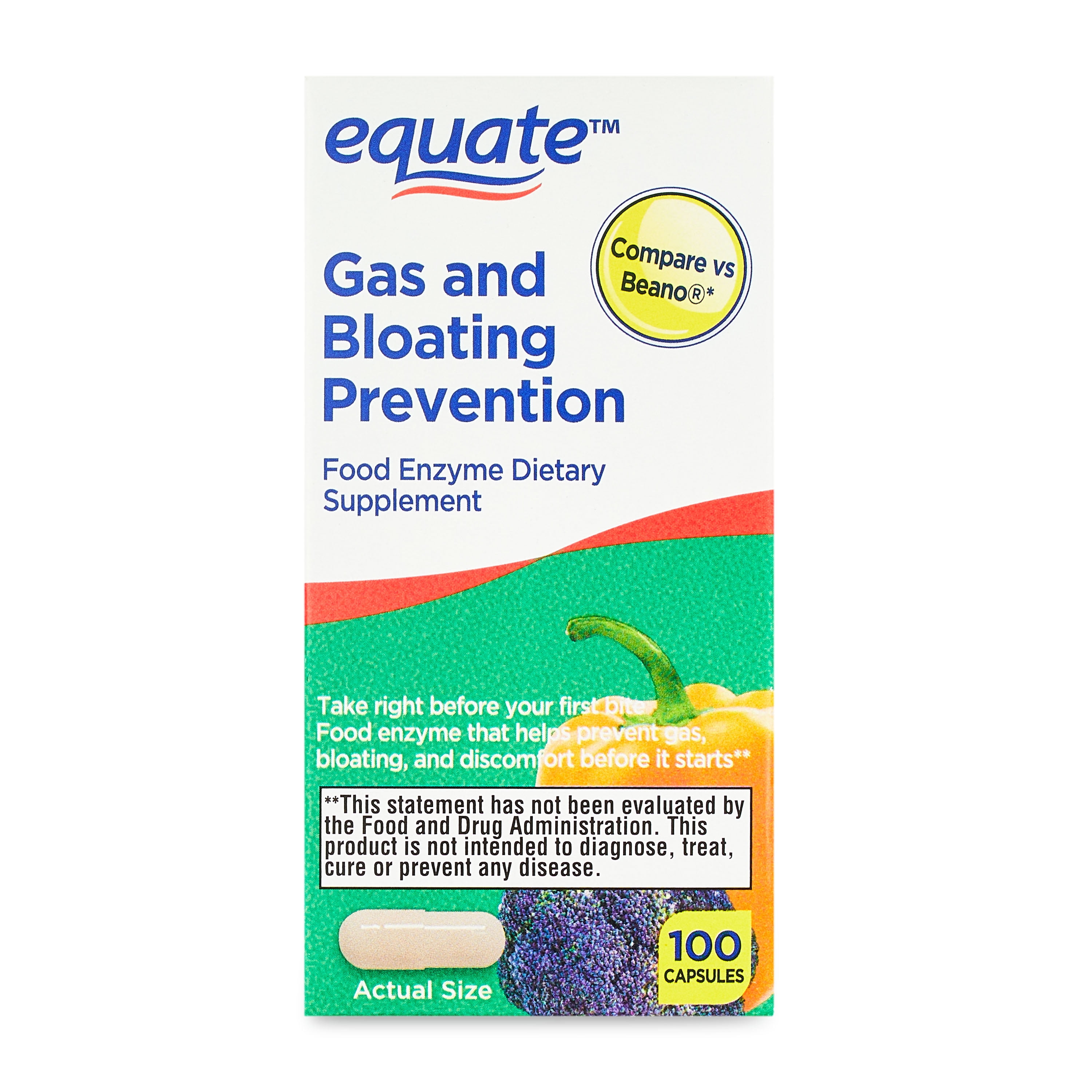 (2 pack) Equate Gas Relief and Prevention Food Enzyme Capsules, 100 Count, Compare to Beano®