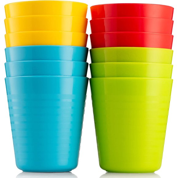 Kids Cups - Set of 12 Plastic Drinking Cups - 8 oz Reusable, Dishwasher Safe, BPA-Free for Toddlers - Bright Colored, Unbreakable