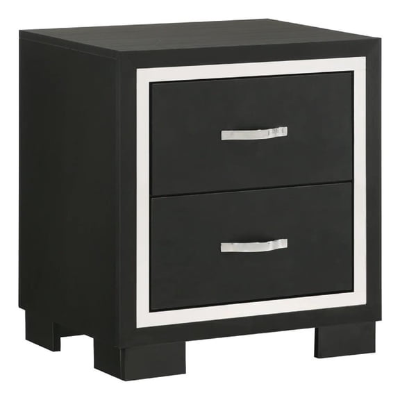Benjara Geny Nightstand- 2 Drawers- Silver Trim and Metal Handles- Black Wood