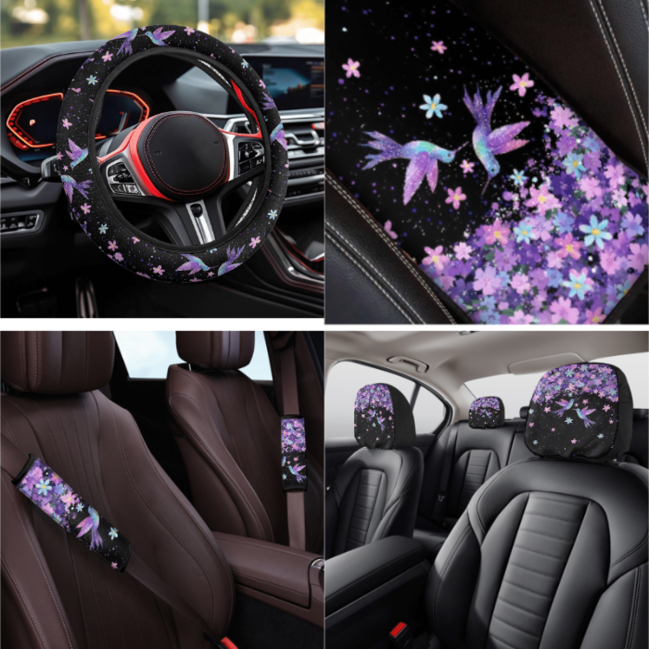 HUIACONG Car Seat Cover Set, with Steering Wheel Cover Seat Protectors Vehicle Cup Mat, 14 Pack Hummingbird Floral Pattern Car Accessories Full Set