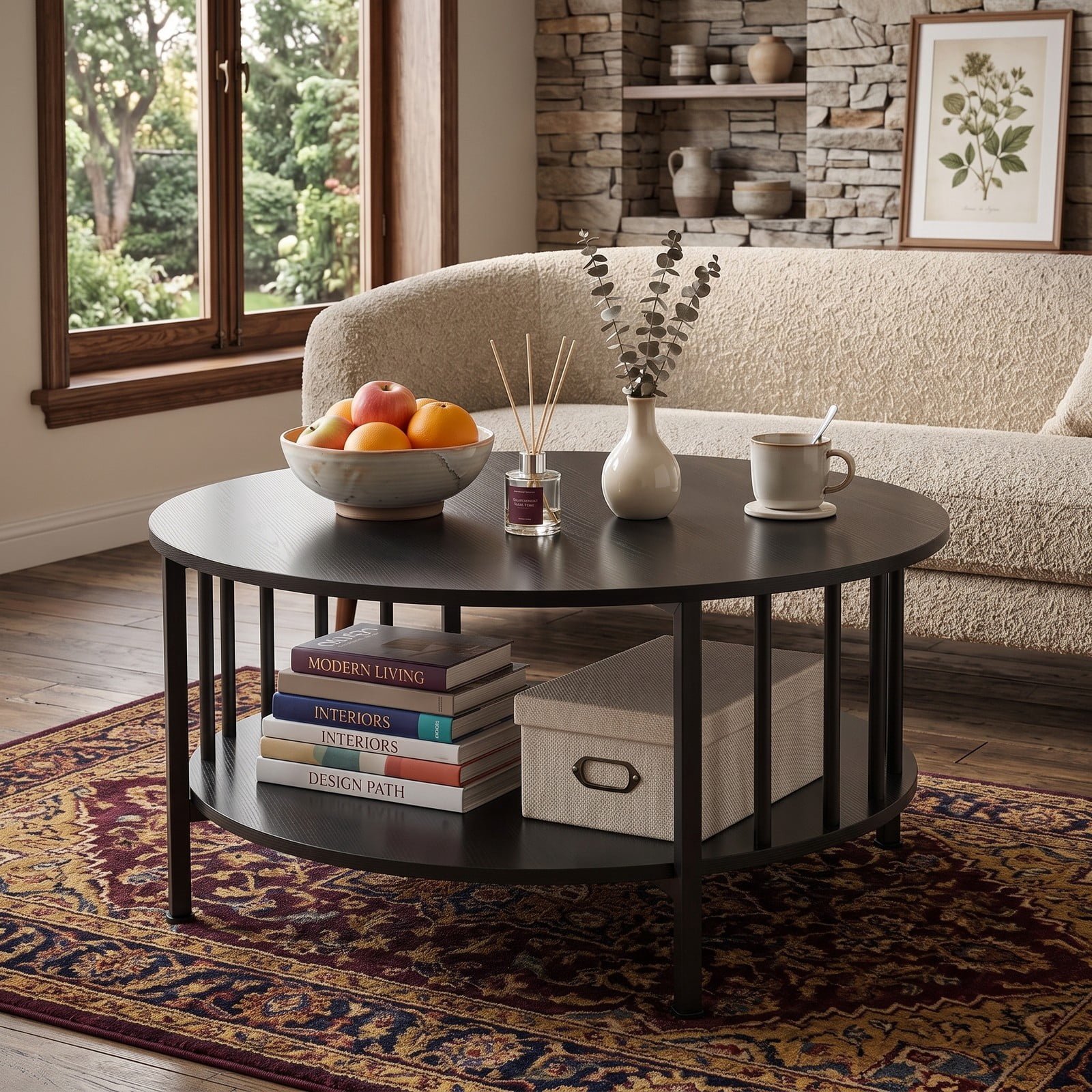 Furnibear 2-Tier Round Coffee Table with Storage Shelf, Engineered Wood Center Table with Metal Cross Frame and Picket Accents for Living Room, Black Walnut / Black
