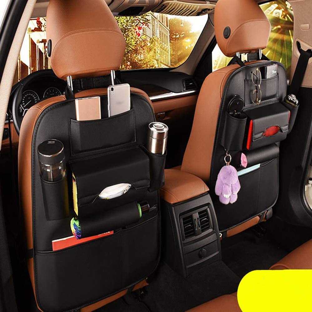 HCMAX 1 Pack Luxury Car Seat Back Organizer Foldable Dining Table Holder Tray Bottles Holder Multifunctional Protector Storage Bag Kick Mat Travel Accessory PU Leather