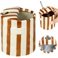 thumbnail image 1 of This unique ceramic coffee cup, a vintage-style hand-painted ceramic travel mug with a green and white striped pattern, is the perfect gift for coffee lovers., 1 of 4