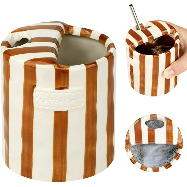 This unique ceramic coffee cup, a vintage-style hand-painted ceramic travel mug with a green and white striped pattern, is the perfect gift for coffee lovers.