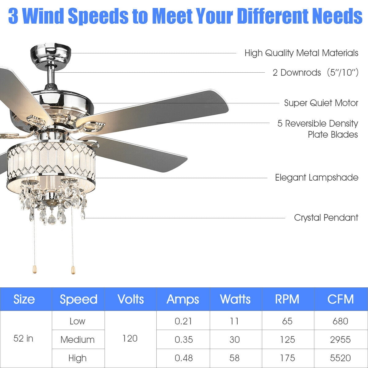 Costway 52 in Classical Crystal Ceiling Fan Lamp w/ 5 Reversible Blades Pull Chain Home Silver