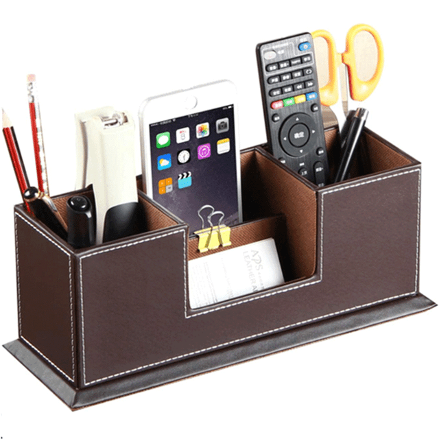 KINGFOM Home Office Supplies Desk Organizer PU Leather Storage Box Caddy Pen Holder 4 Divided Compartments for Business Card Remote Control Cellphone Pen Container Cosmetics Collection Holder (Brown)