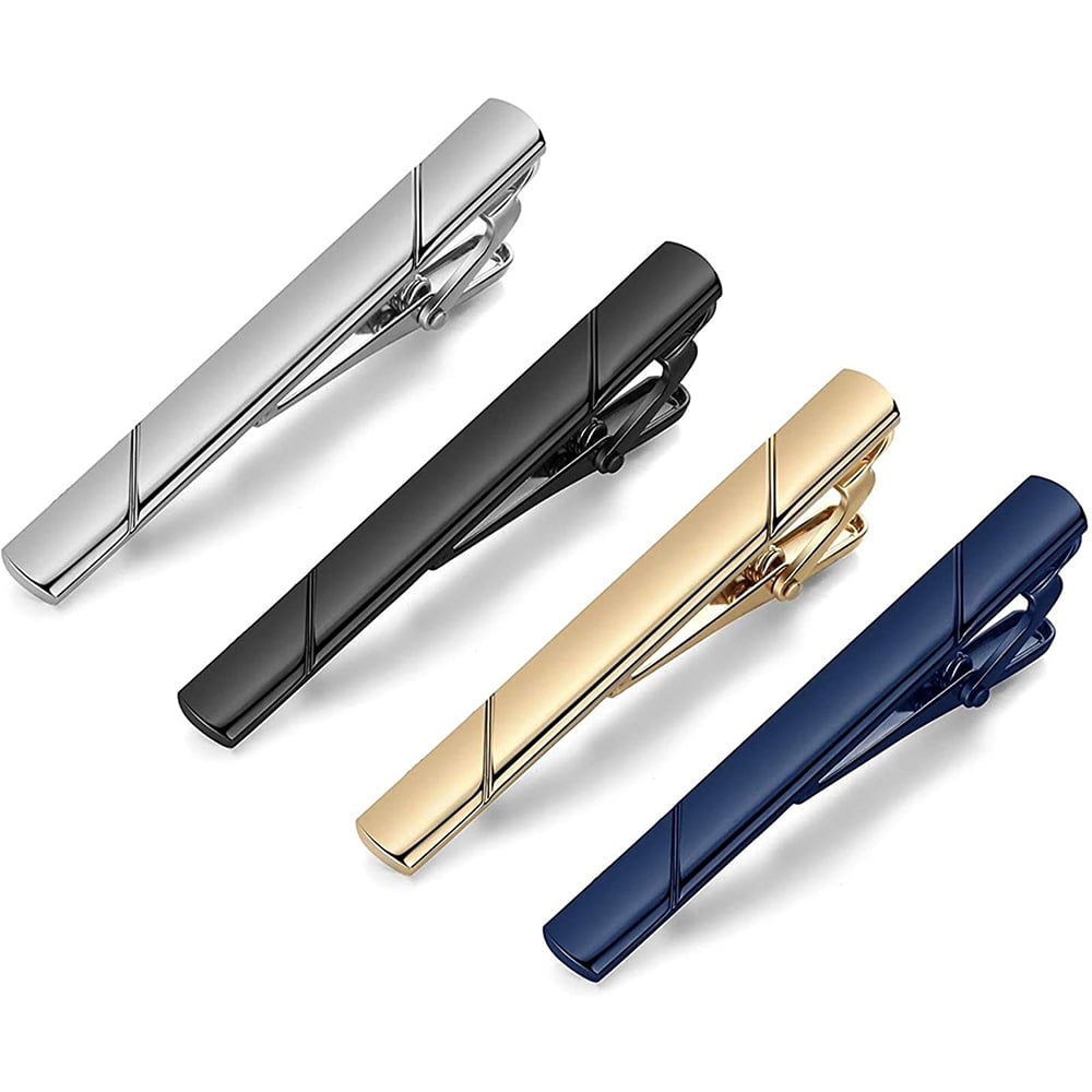 LNGOOR 4 Pack Tie Pin for Men Regular Tie Clip Set Tie Bar Necktie Bar Pinch Clips for Business Wedding and Daily Life, Black Navy Gold Silver