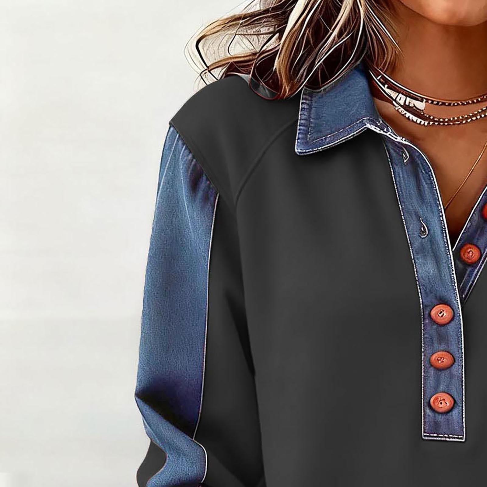 Denim Sweater for Women Collar Button up Patchwork Pullover Tops Vintage Knit Jean Casual Wear Blouses