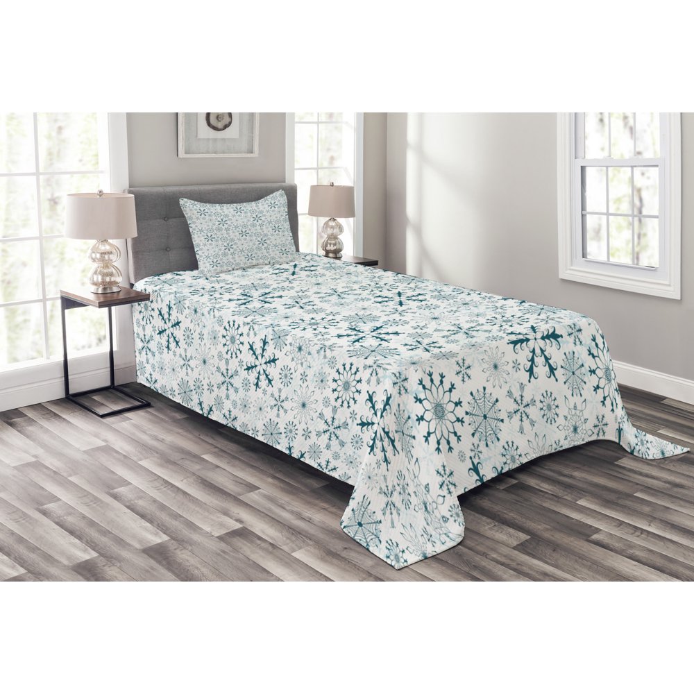 Winter Bedspread Set Twin Size, Merry Xmas Theme Delicate Snowflakes