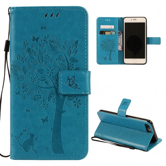 iPhone 8 Plus Wallet Case, iPhone 7 Plus Case, Allytech Embossed Cat & Tree Series, Slim PU Leather Full Protective Case Flip Stand Cover with Card Holder for iPhone 8 Plus & iPhone 7 Plus, Blue